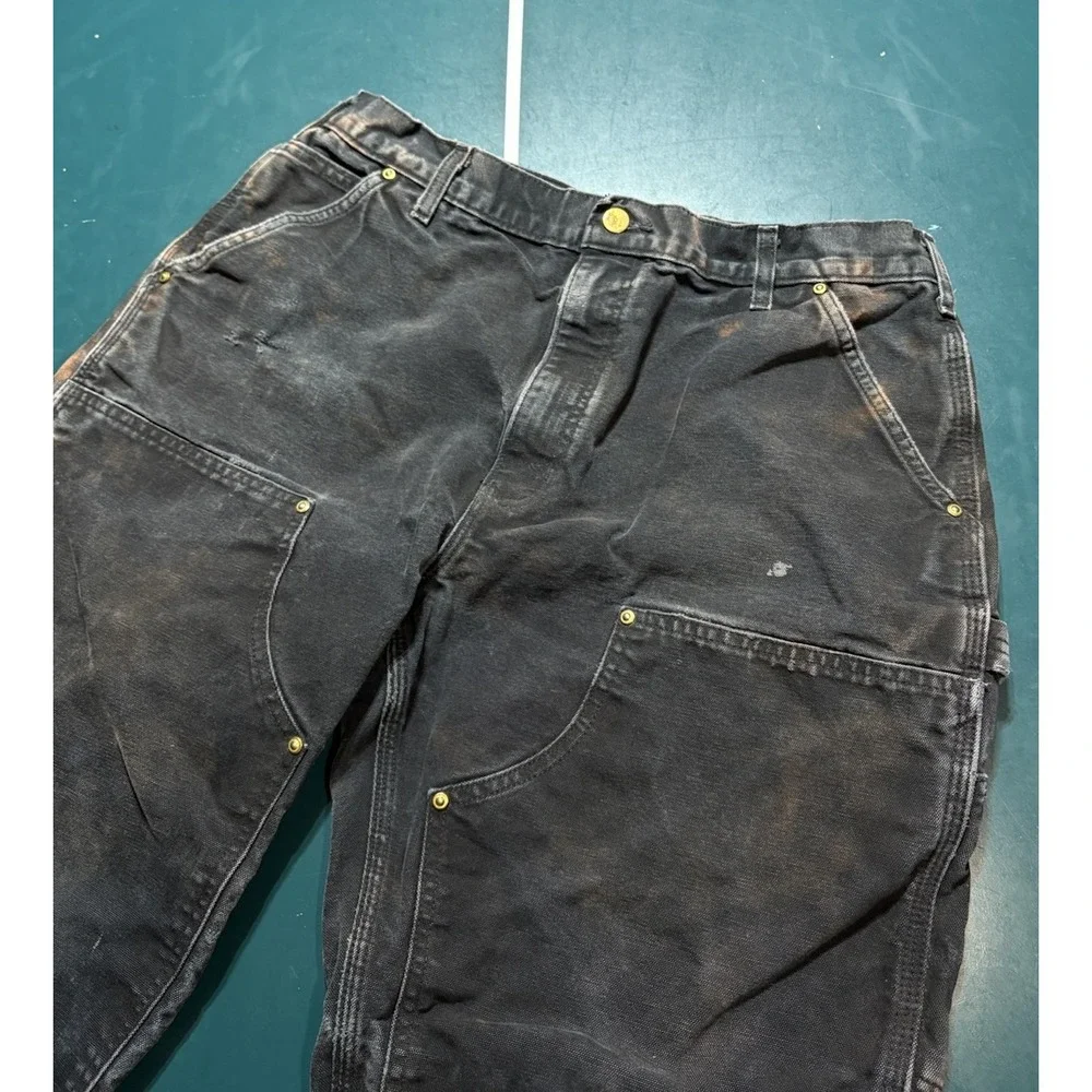 Vintage Carhartt Double Knee Pants Size 32x28 Faded Black BLK B01 Distressed USA - Picture 5 of 16